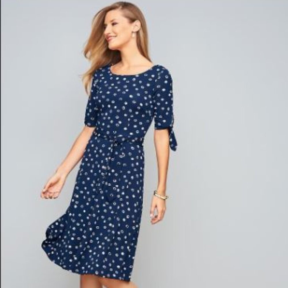 Talbots Women's Navy White Polka Dot Tie Sleeve Dress Ruffle Dress Size Small